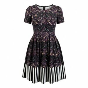 LuLaRoe Amelia Dress Womens Medium Black Multicolor Geometric Stripe Pockets